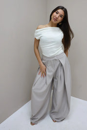 Pantalon Wijde Pijpen Plooi Beige