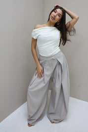 Pantalon Wijde Pijpen Plooi Beige