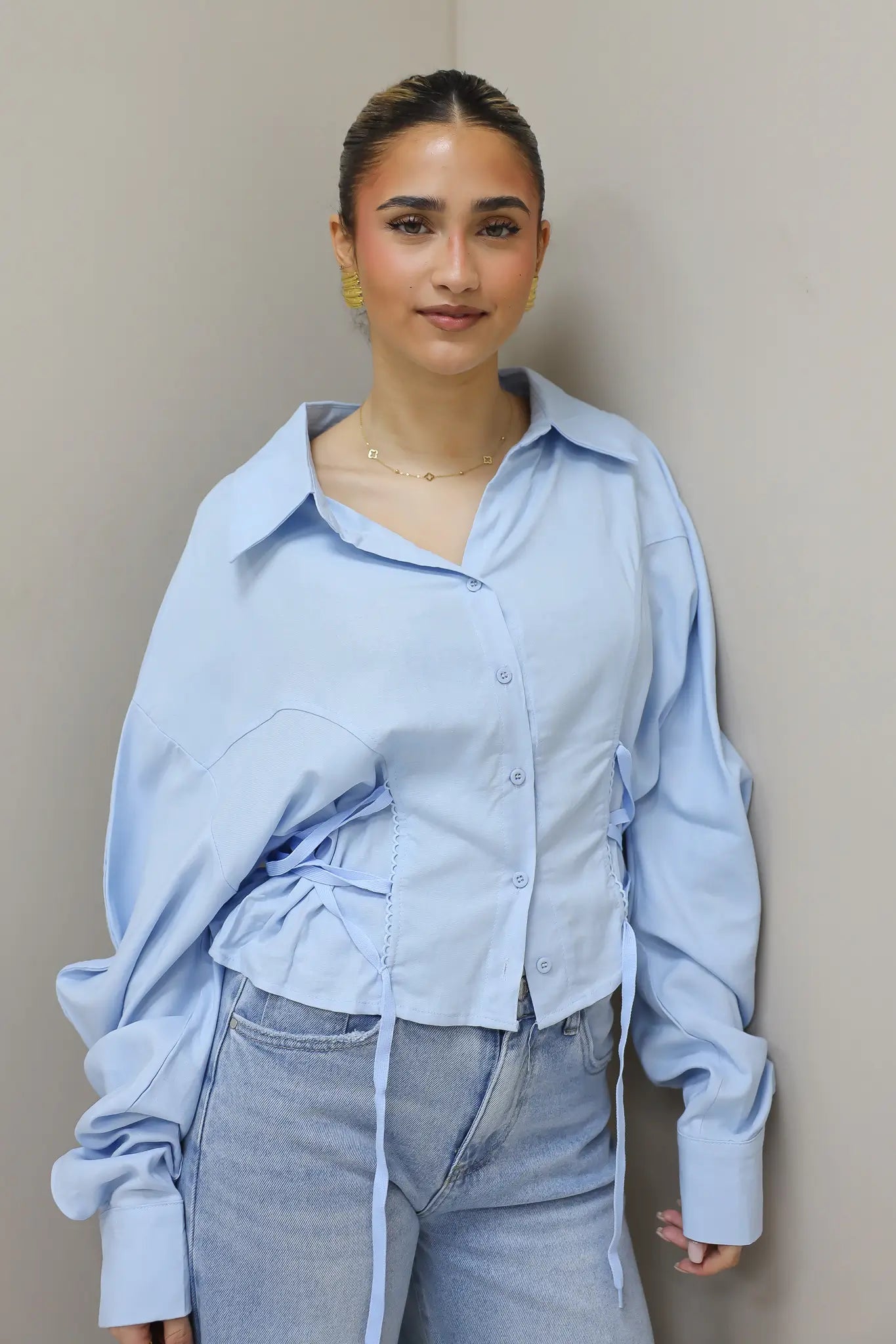Korte Blouse Taille Effect Blauw