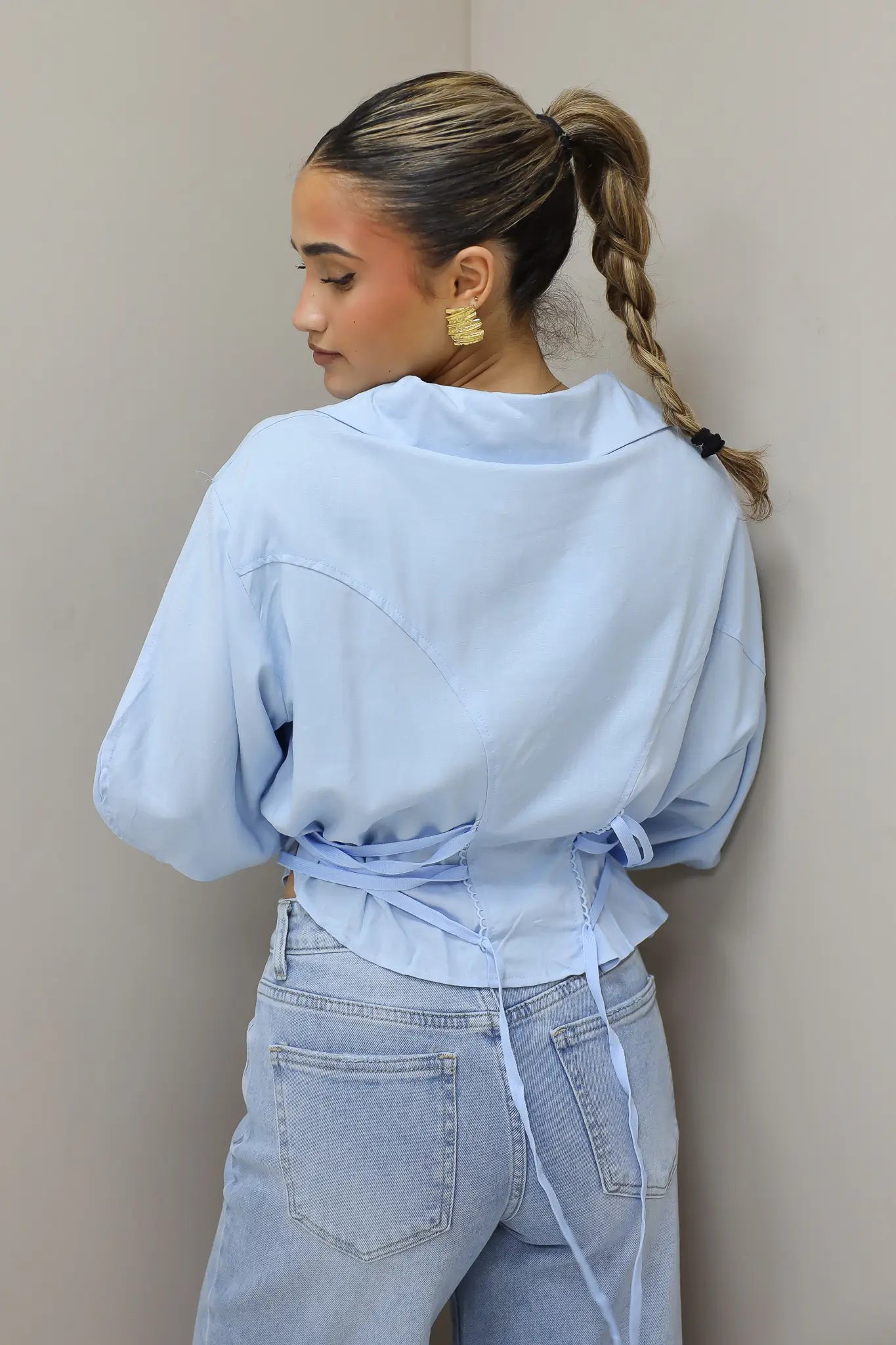Korte Blouse Taille Effect Blauw