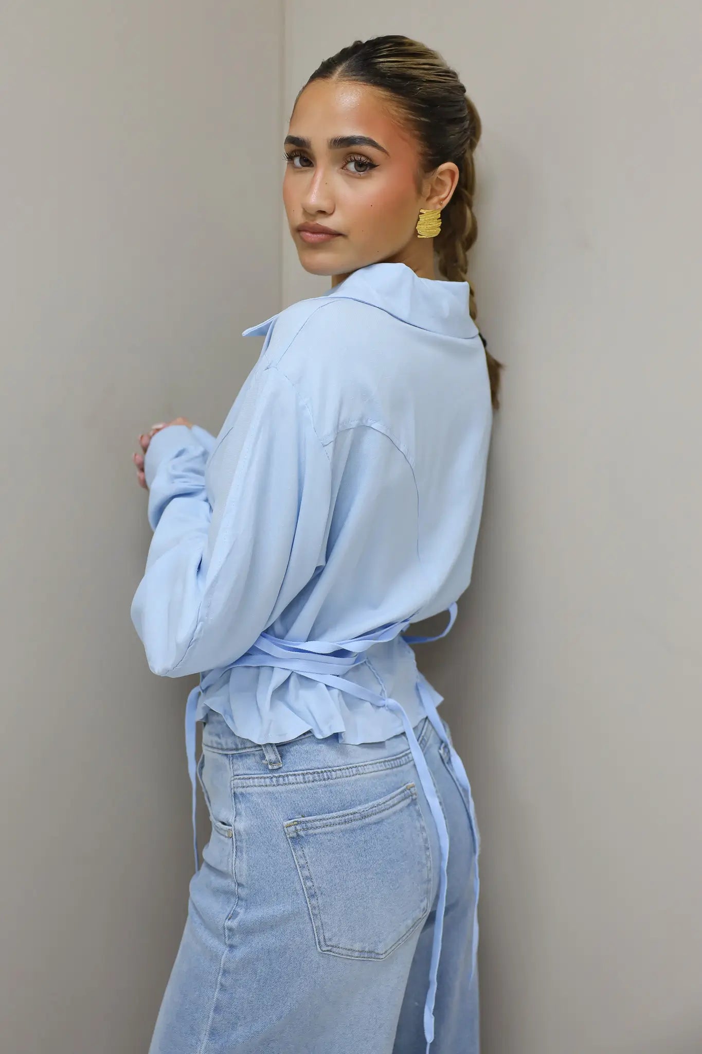 Korte Blouse Taille Effect Blauw