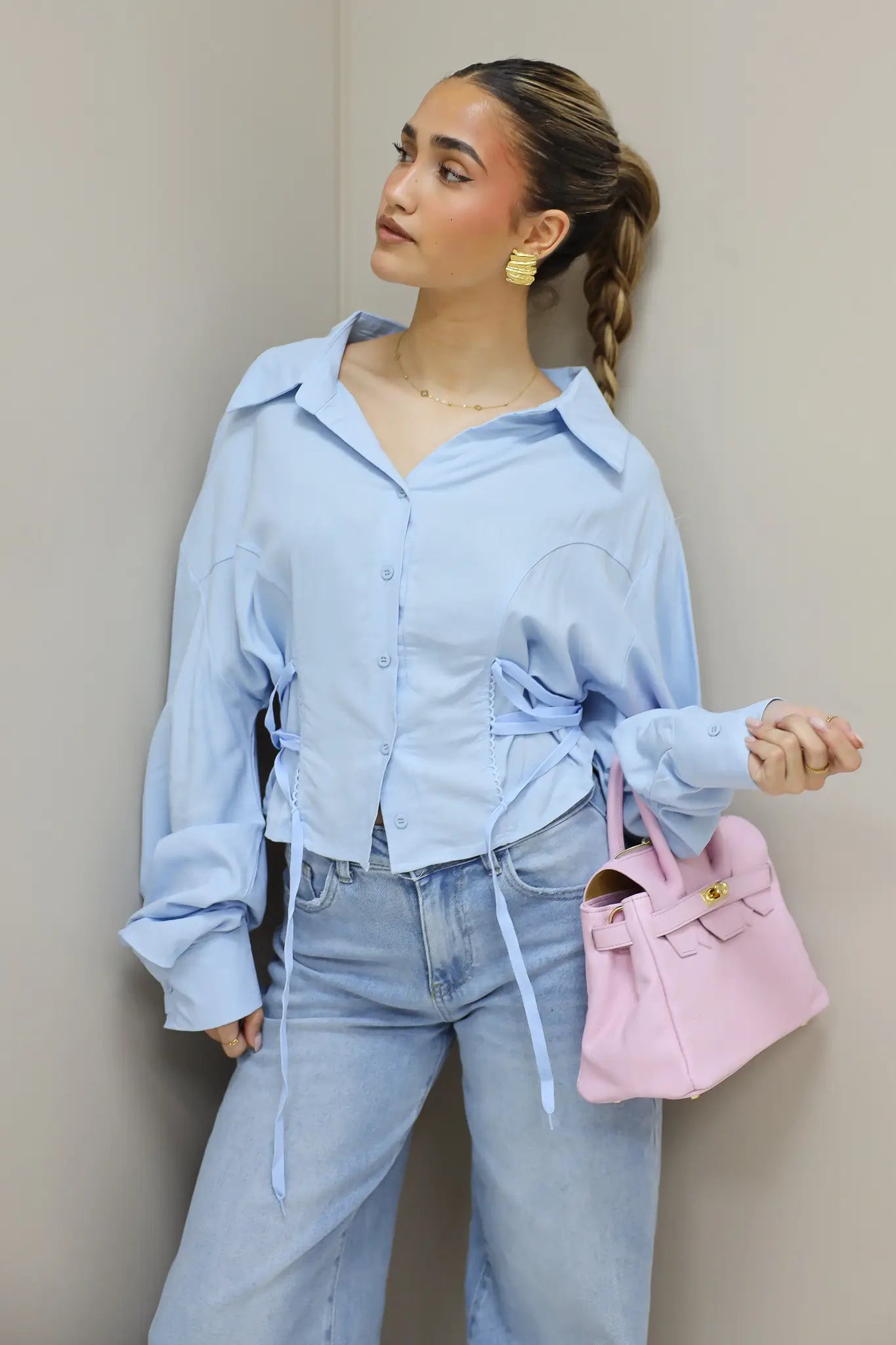 Korte Blouse Taille Effect Blauw