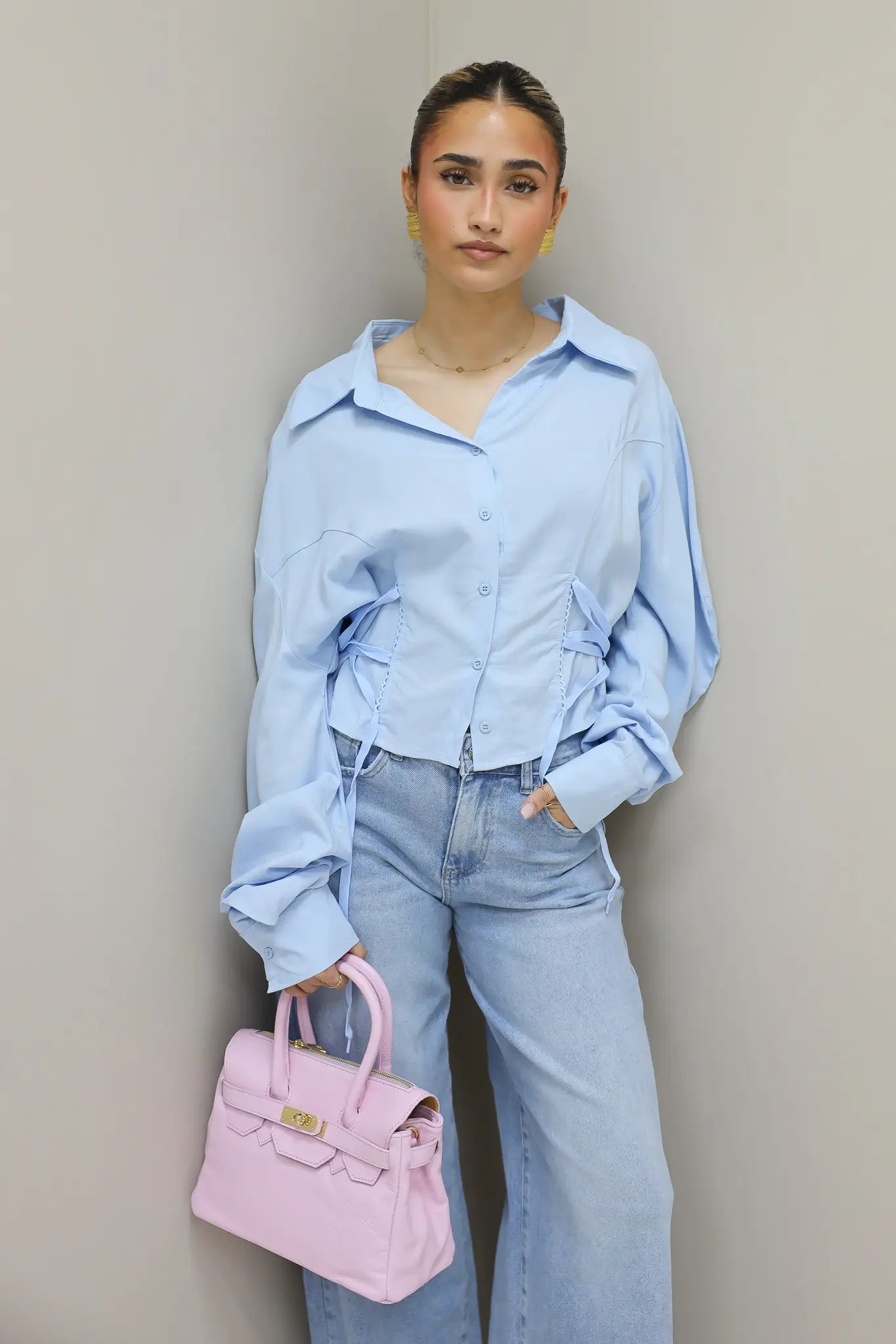 Korte Blouse Taille Effect Blauw