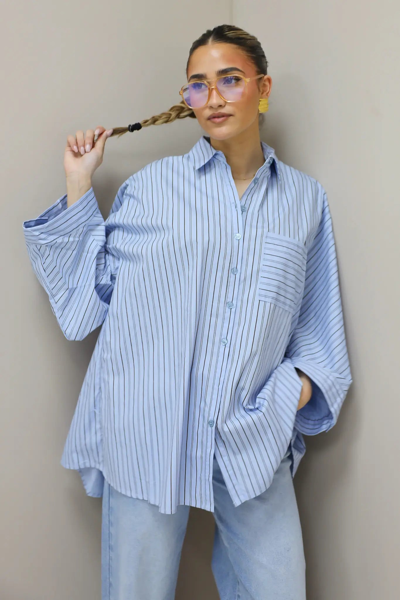 Oversized Strepen Blouse Blauw