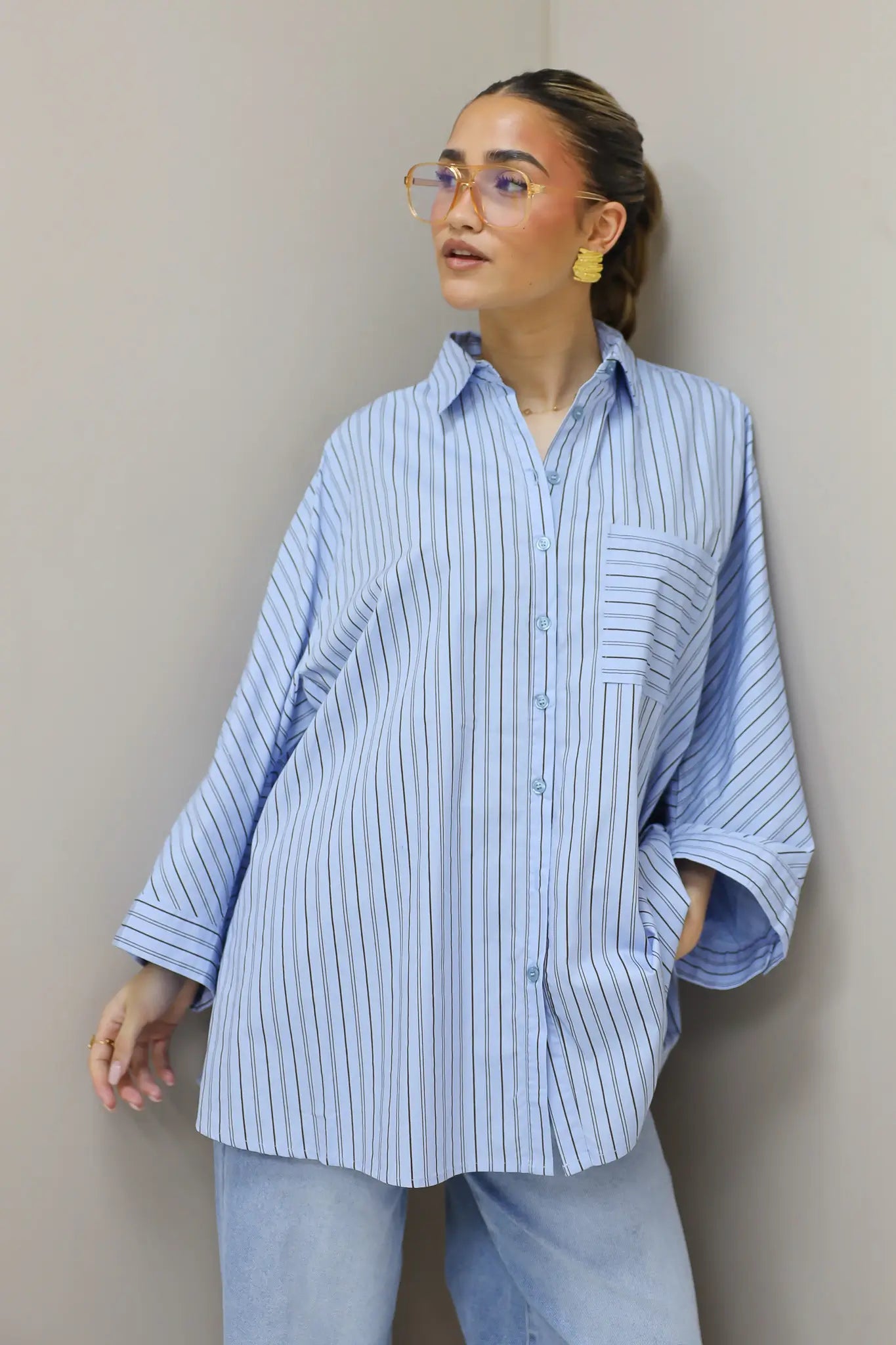 Oversized Strepen Blouse Blauw