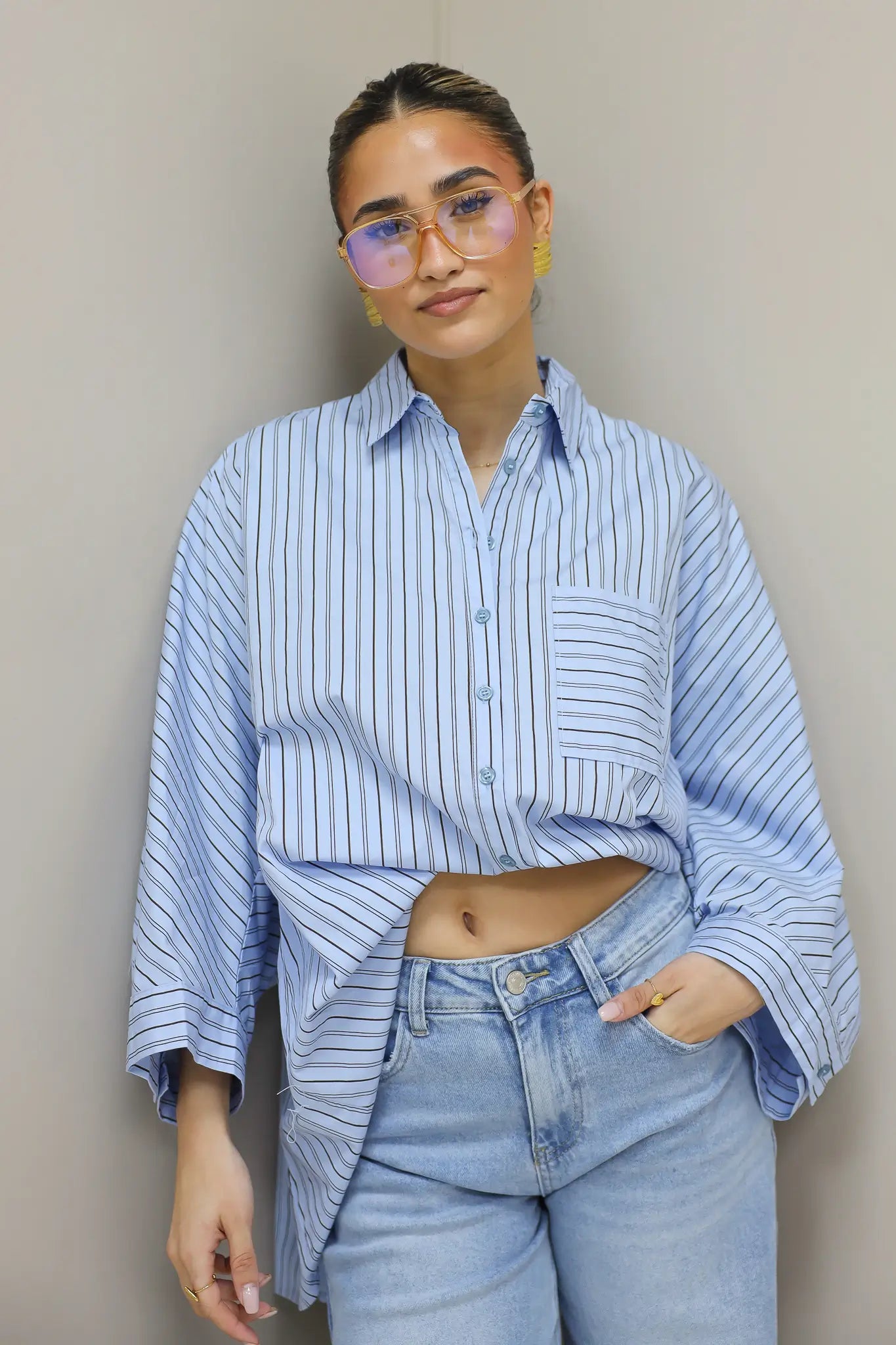 Oversized Strepen Blouse Blauw