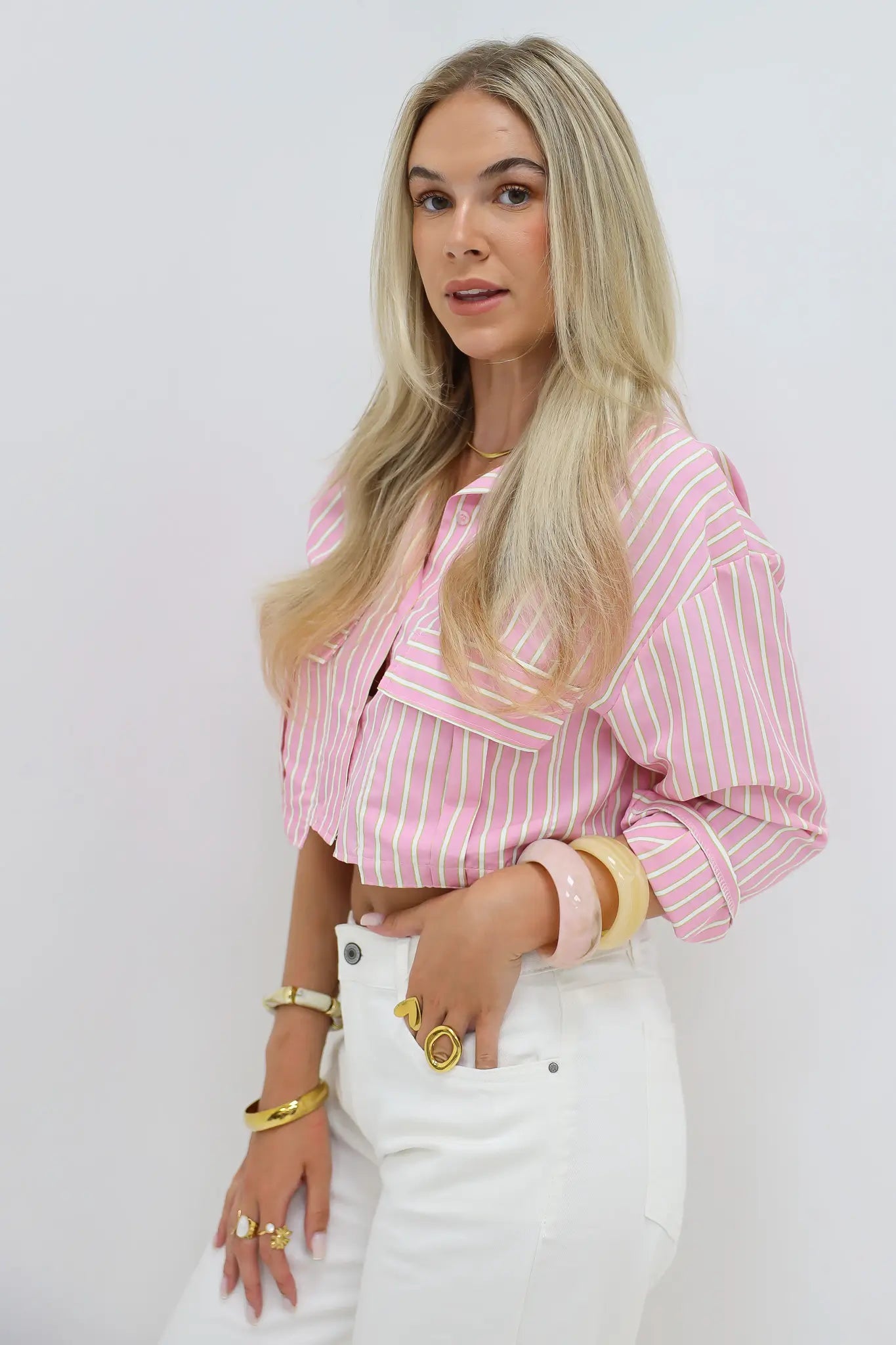 Korte Streep Blouse Lange Mouwen Roze