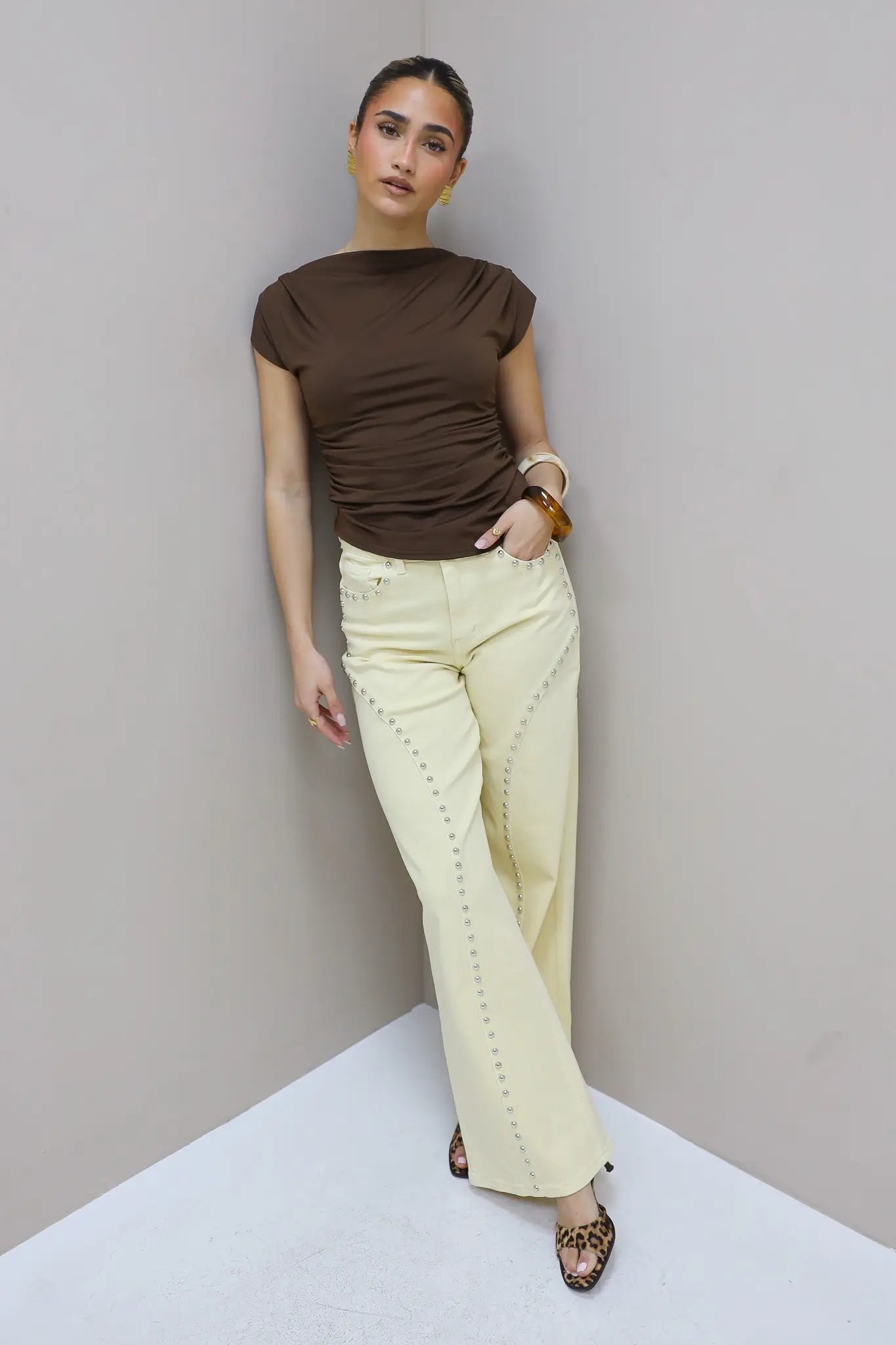 Jeans Wide Leg Stretch Studs Geel 9198-8