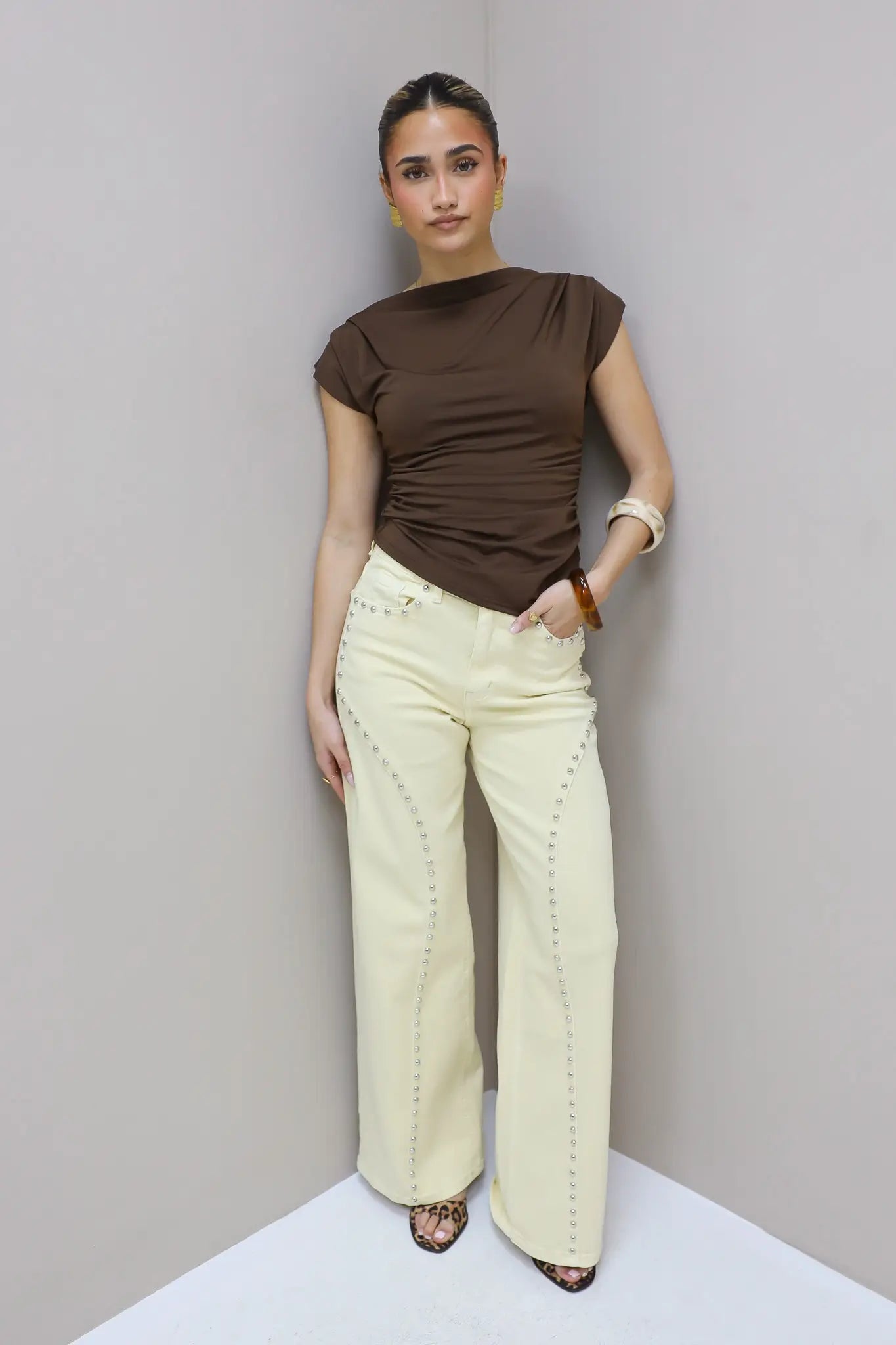 Jeans Wide Leg Stretch Studs Geel 9198-8