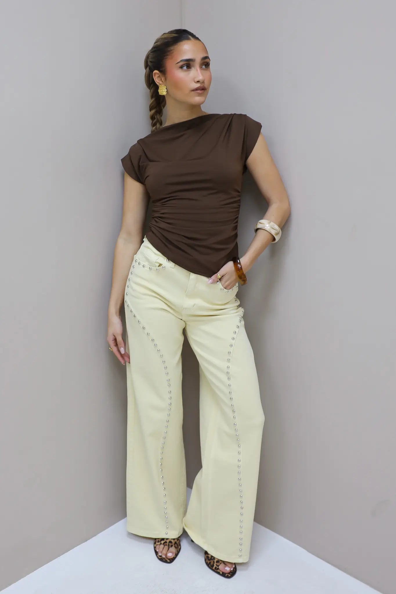 Jeans Wide Leg Stretch Studs Geel 9198-8