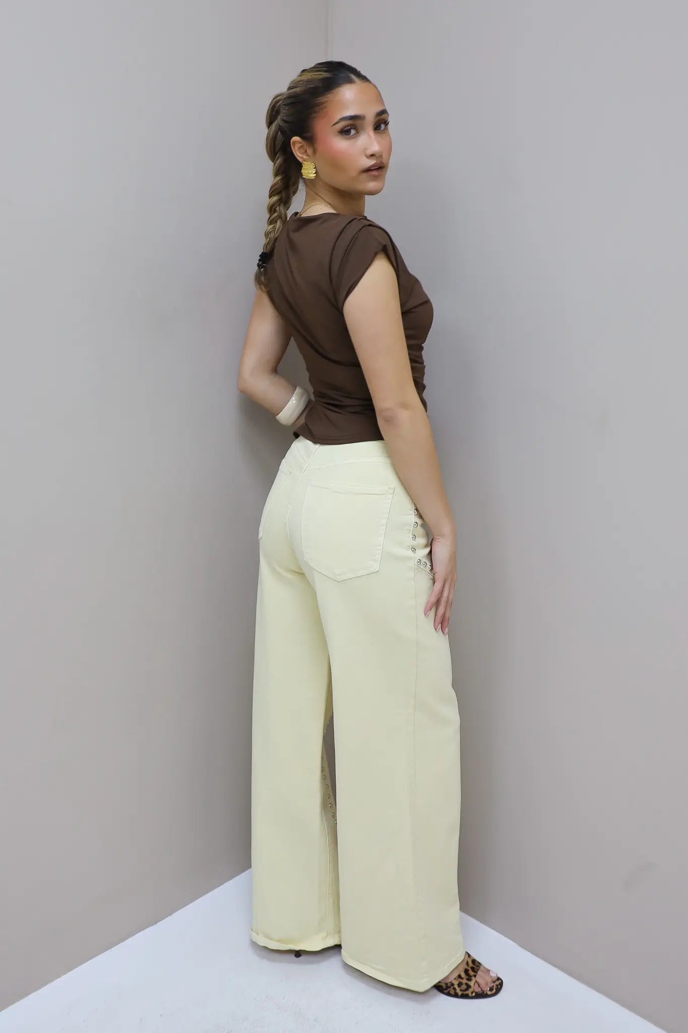 Jeans Wide Leg Stretch Studs Geel 9198-8
