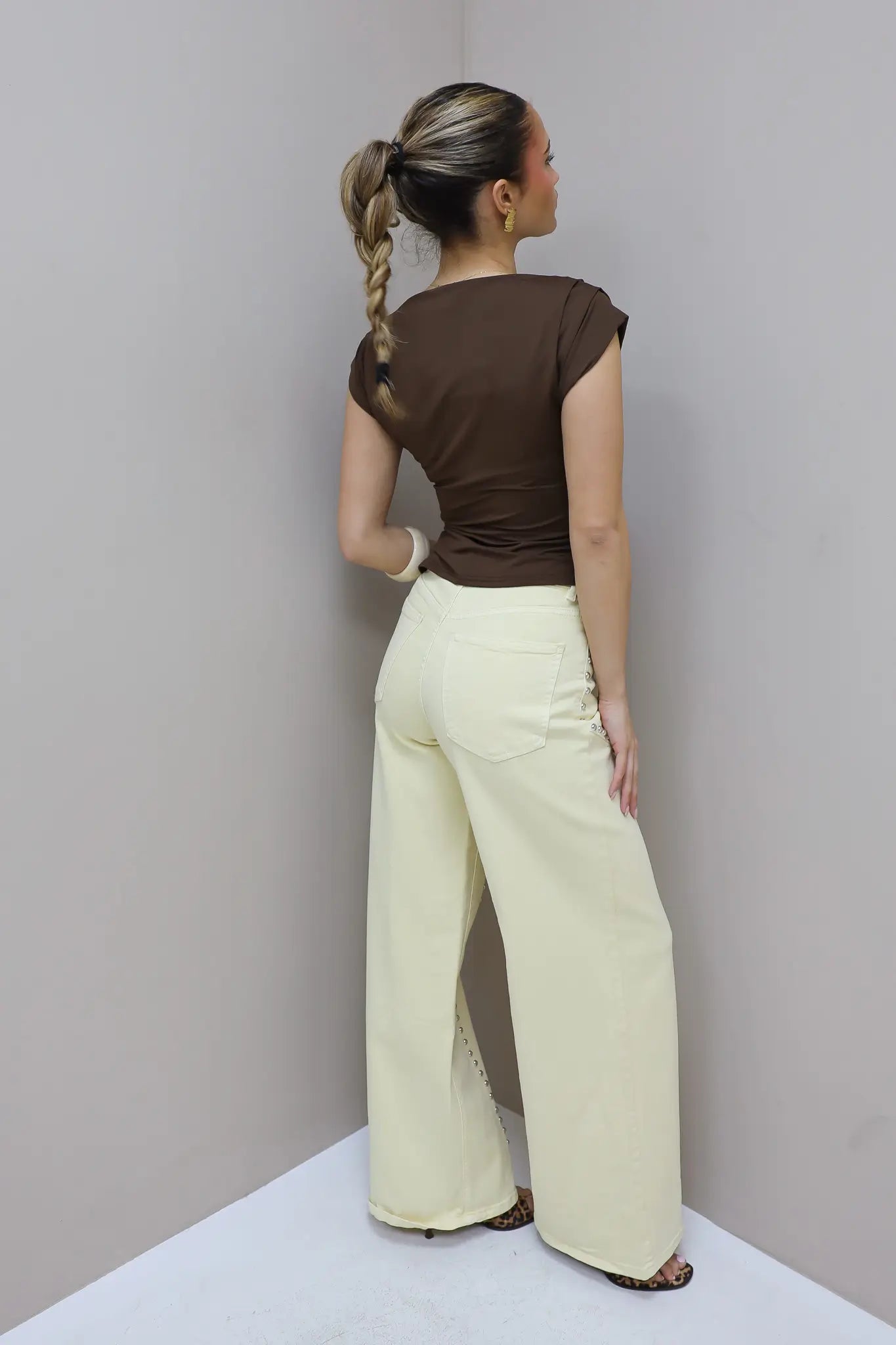Jeans Wide Leg Stretch Studs Geel 9198-8