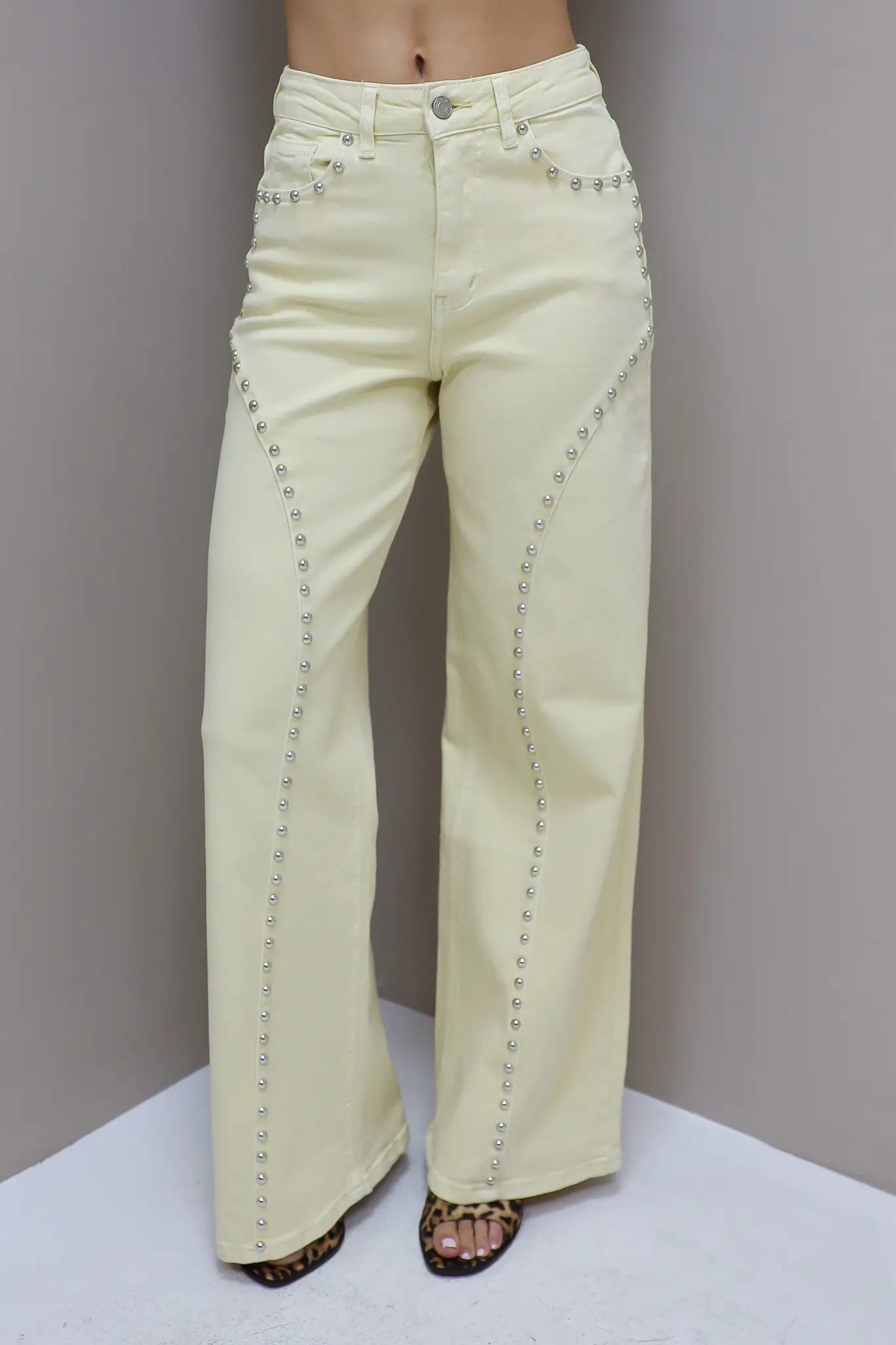 Jeans Wide Leg Stretch Studs Geel 9198-8