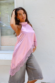 Halter Top Schuin Satijn Roze