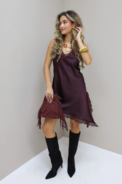 Satijnen Jurk Schuin Kant Bordeaux