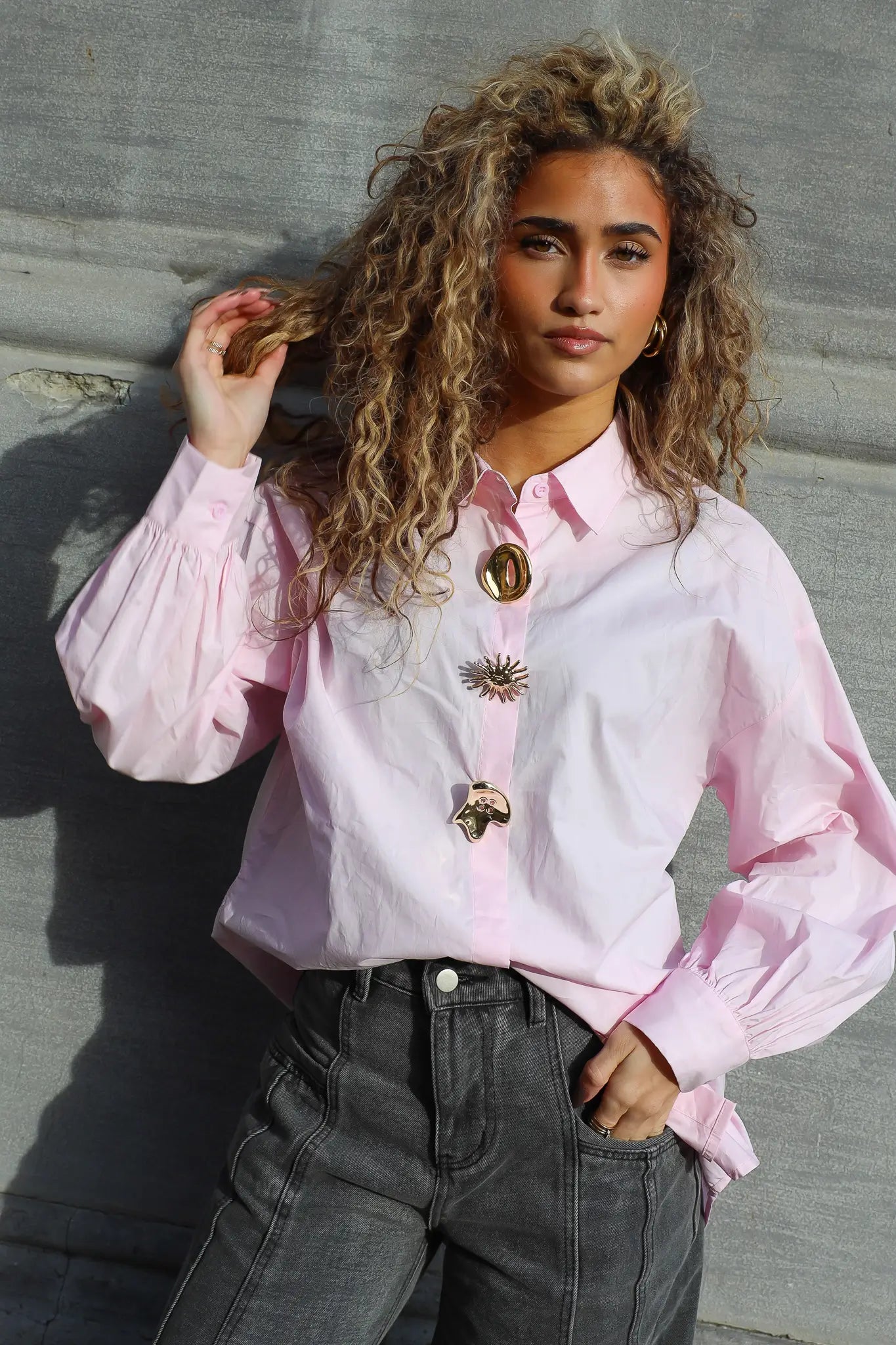 Oversized Blouse Gouden Knopen Roze