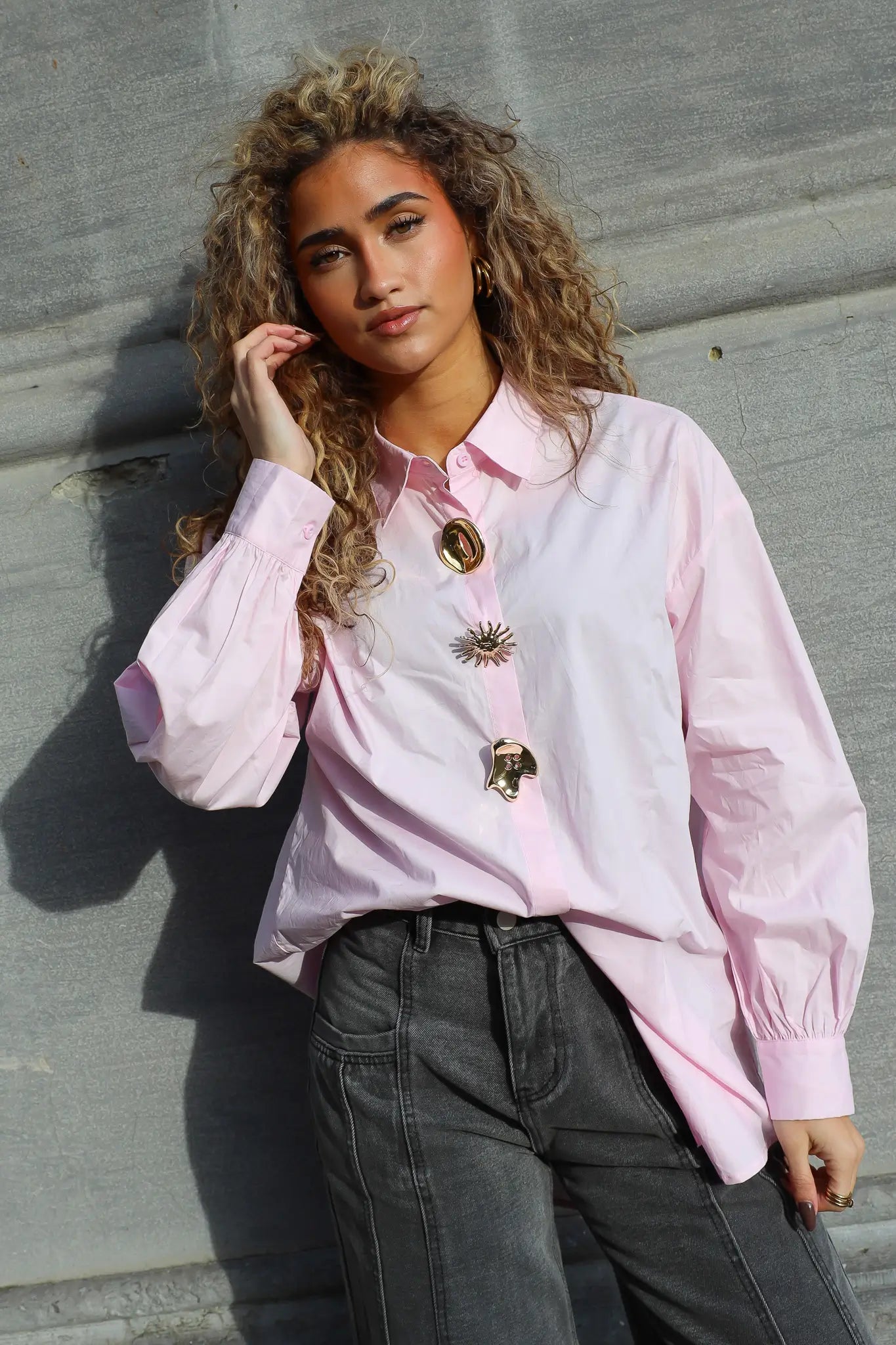 Oversized Blouse Gouden Knopen Roze