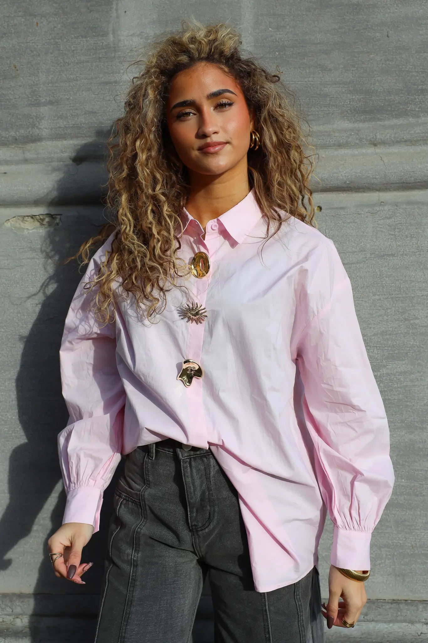 Oversized Blouse Gouden Knopen Roze