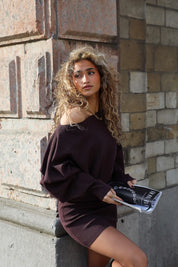 Jurk Off Shoulder Donker Bruin