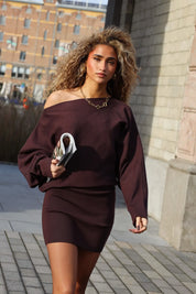 Jurk Off Shoulder Donker Bruin