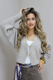 Gebreid Vest Goud Sluiting Taupe