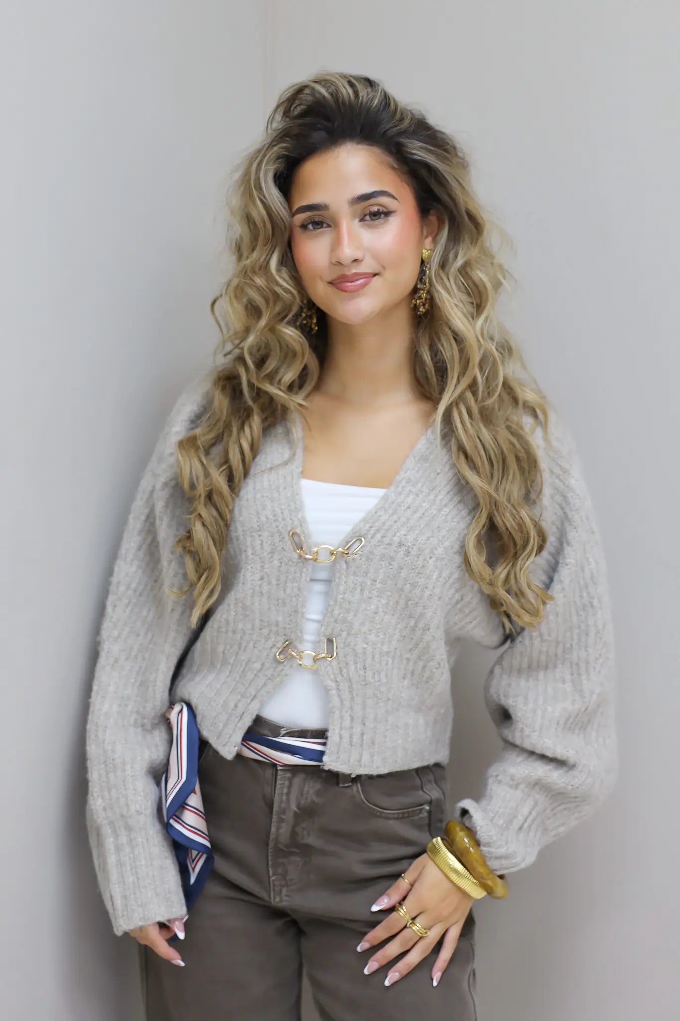 Gebreid Vest Goud Sluiting Taupe