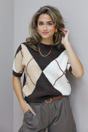 Trui Korte Mouwen Ruit Bruin