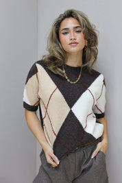 Trui Korte Mouwen Ruit Bruin