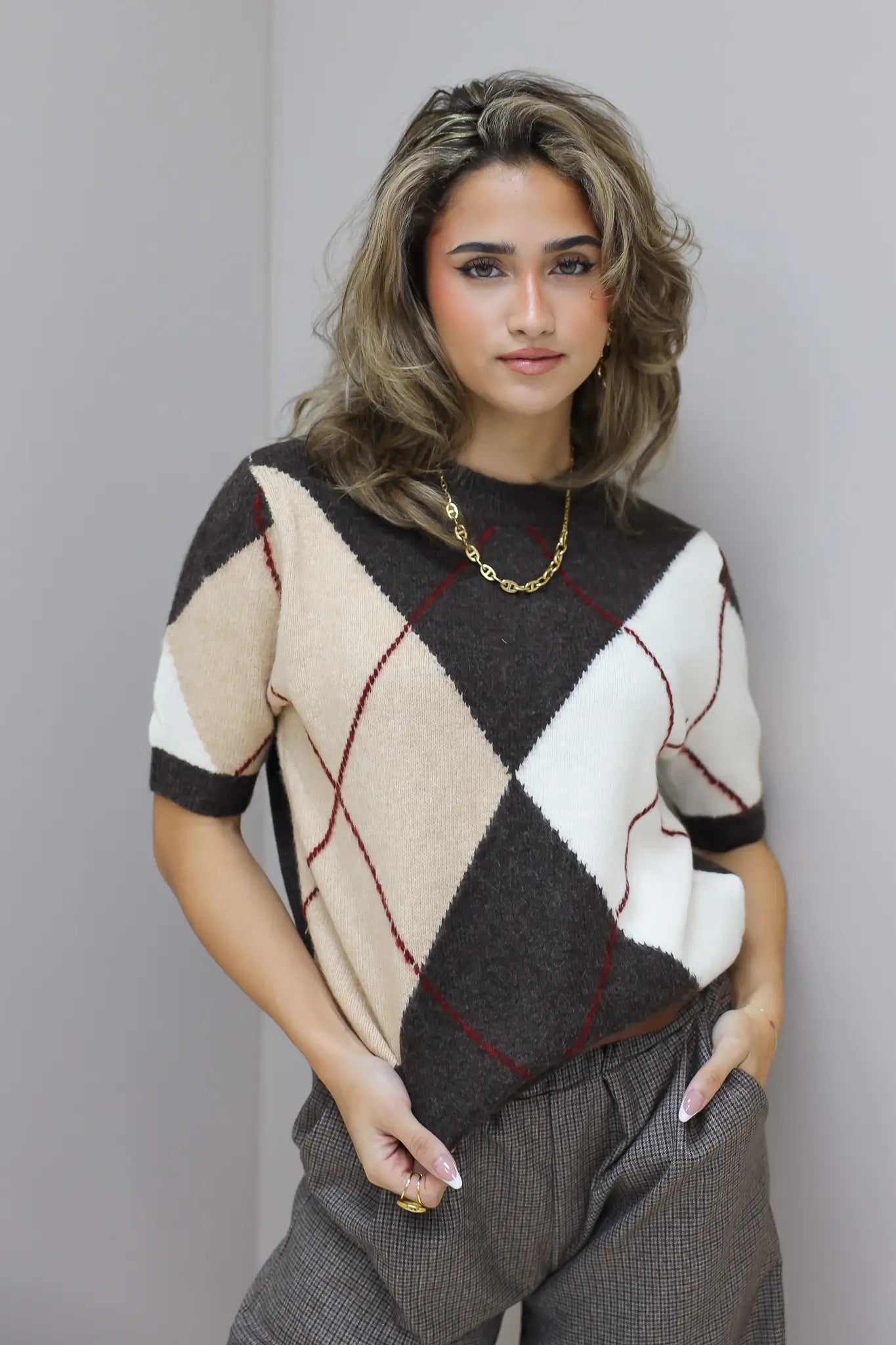 Trui Korte Mouwen Ruit Bruin