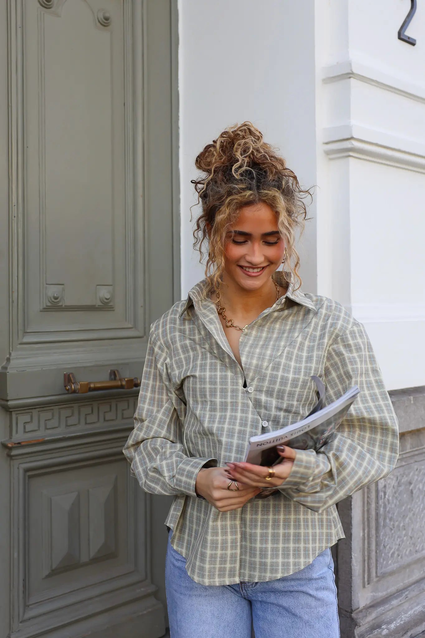 Asymmetrische Ruit Blouse Geel