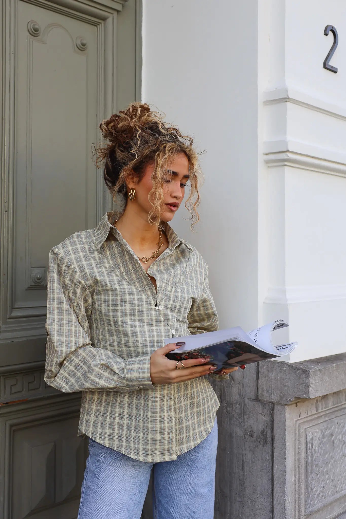 Asymmetrische Ruit Blouse Geel