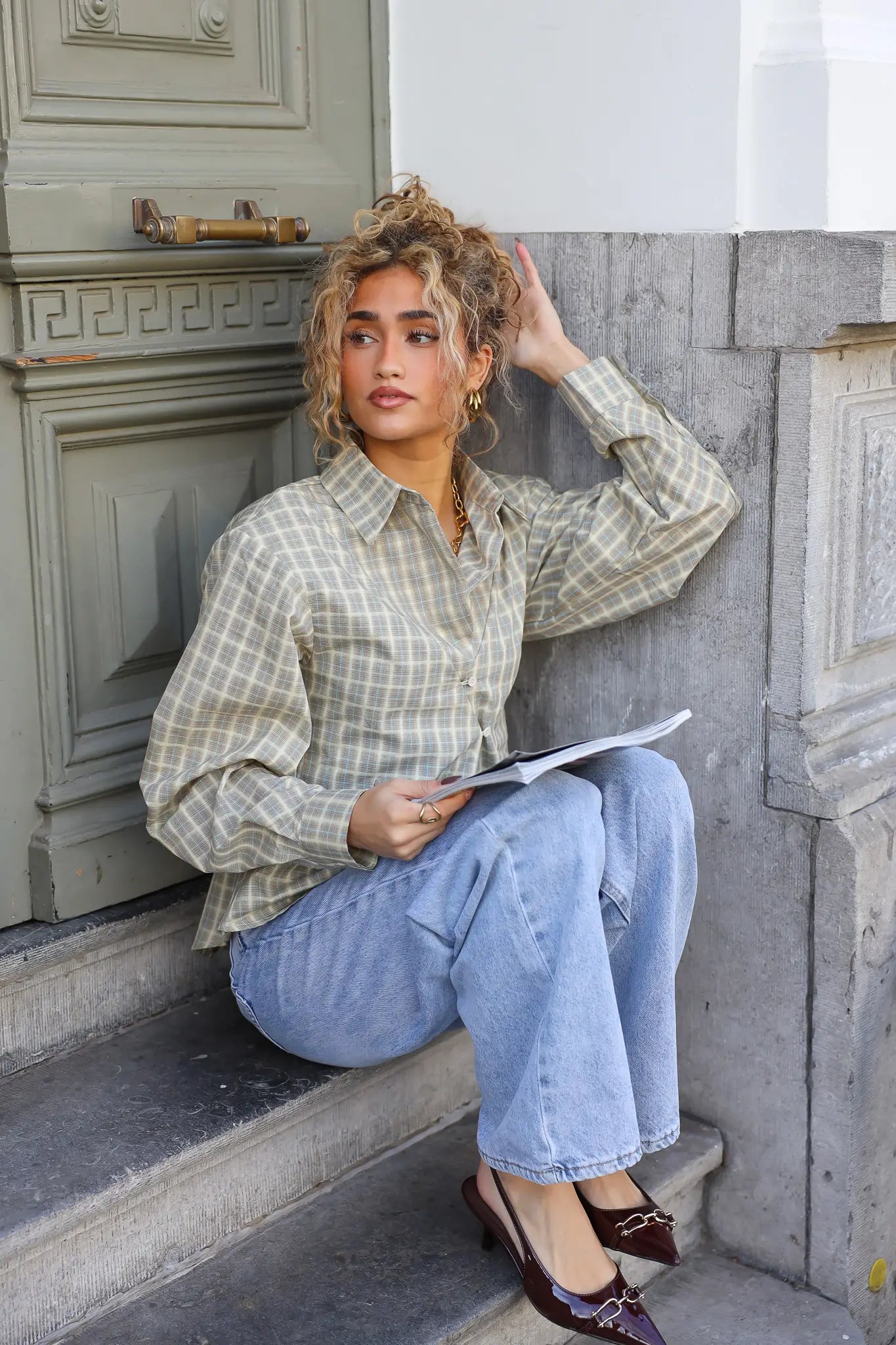 Asymmetrische Ruit Blouse Geel