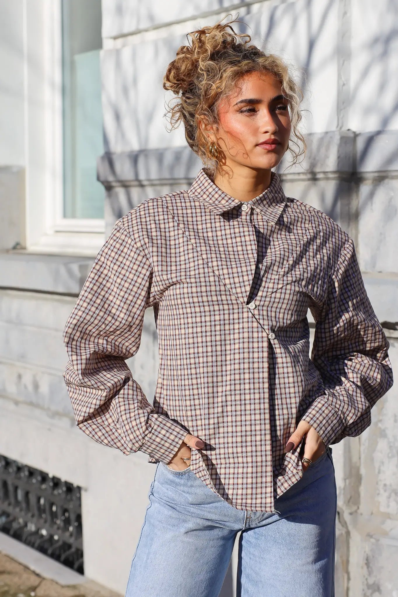 Asymmetrische Ruit Blouse Beige