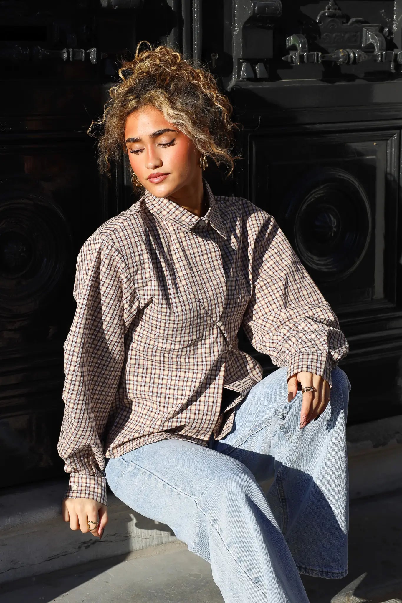 Asymmetrische Ruit Blouse Beige