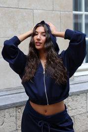 Donkerblauwe zip hoodie dames met ritssluiting en lange ballonmouwen