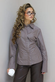 Blouse Getailleerd Gestreept Bruin