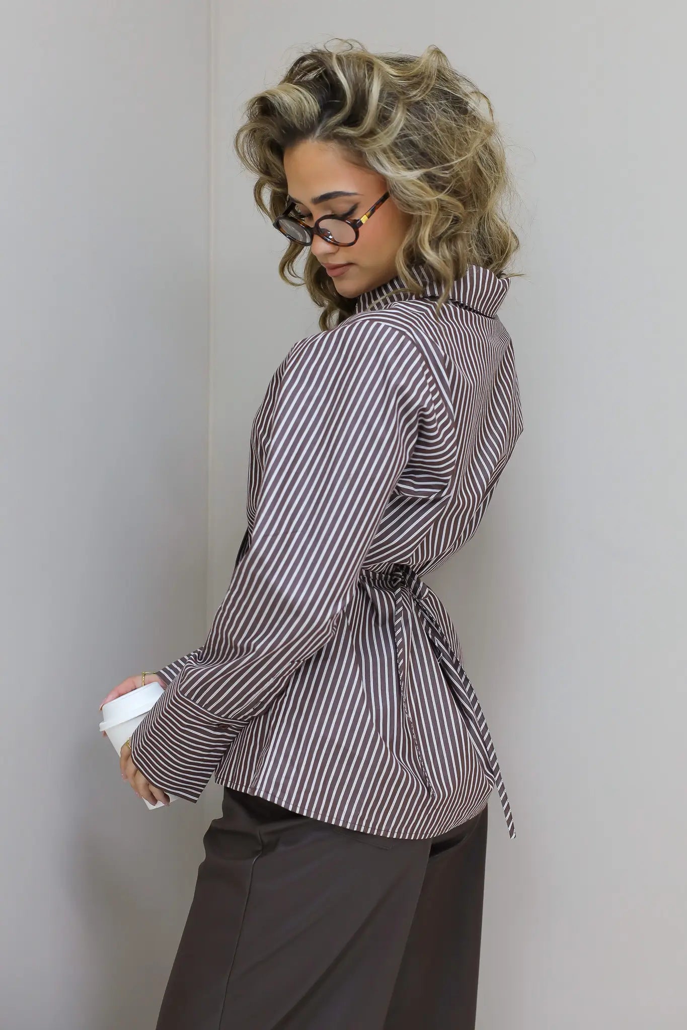 Blouse Getailleerd Gestreept Bruin