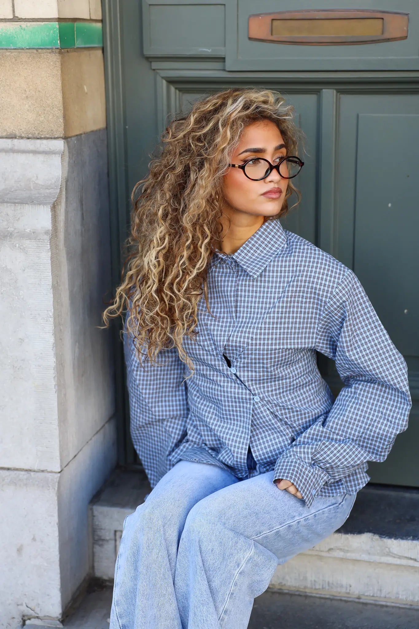 Asymmetrische Ruit Blouse Blauw