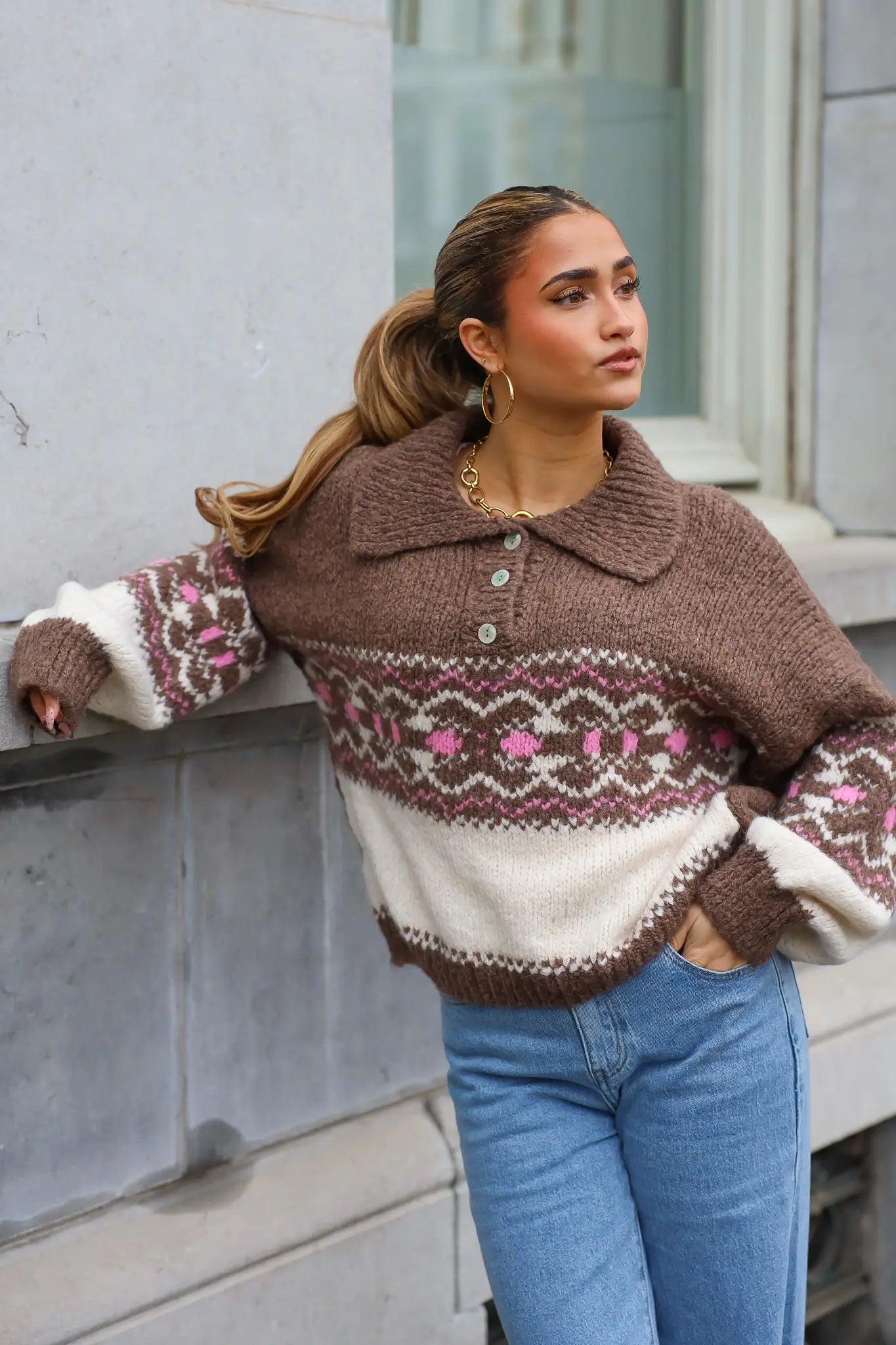 Sweater Print Kraagje Bruin