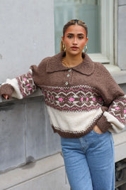 Sweater Print Kraagje Bruin