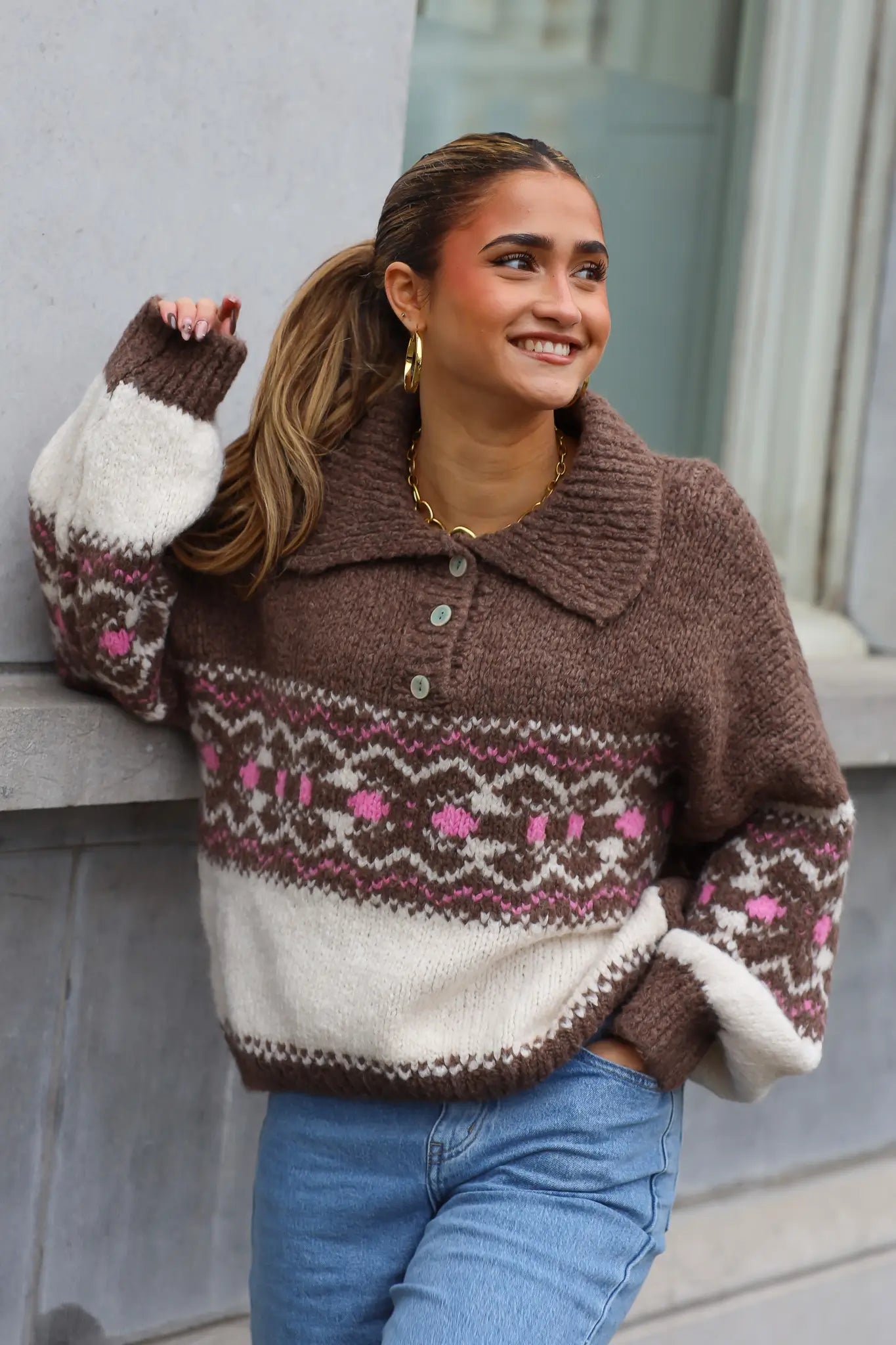 Sweater Print Kraagje Bruin