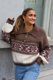 Sweater Print Kraagje Bruin
