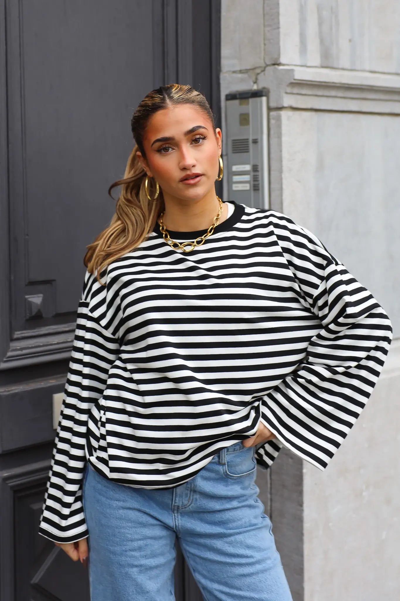 T-Shirt Lange Mouwen Strepen Zwart