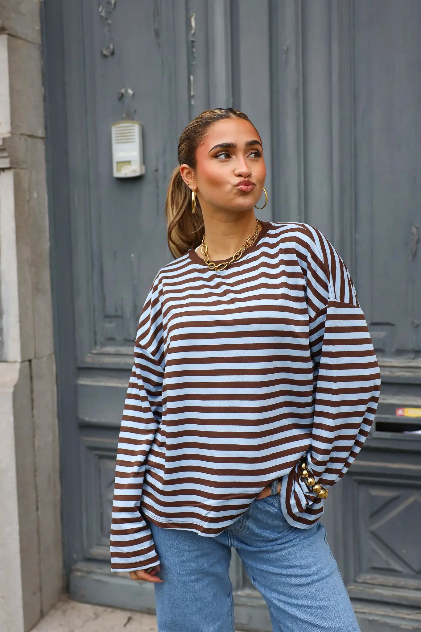 T-Shirt Lange Mouwen Strepen Blauw