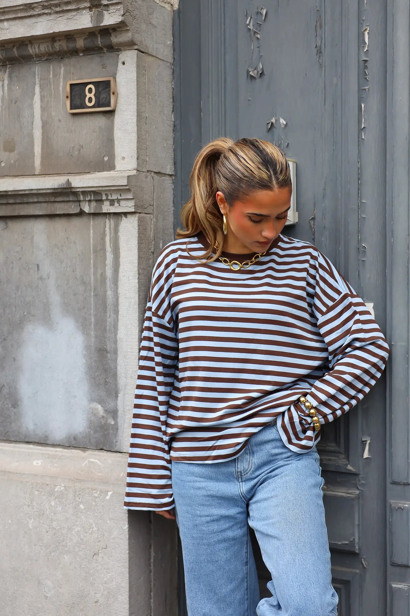 T-Shirt Lange Mouwen Strepen Blauw