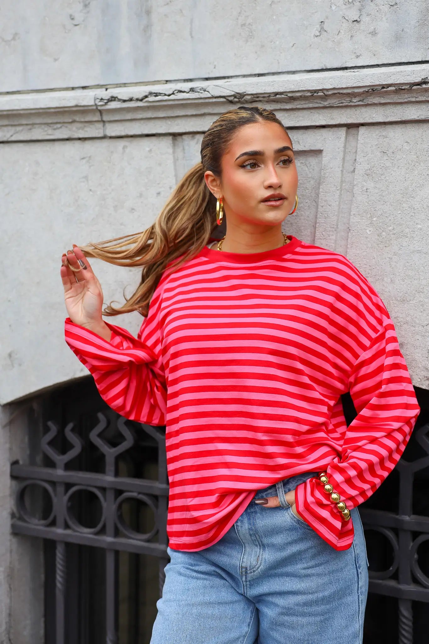 T-Shirt Lange Mouwen Strepen Rood