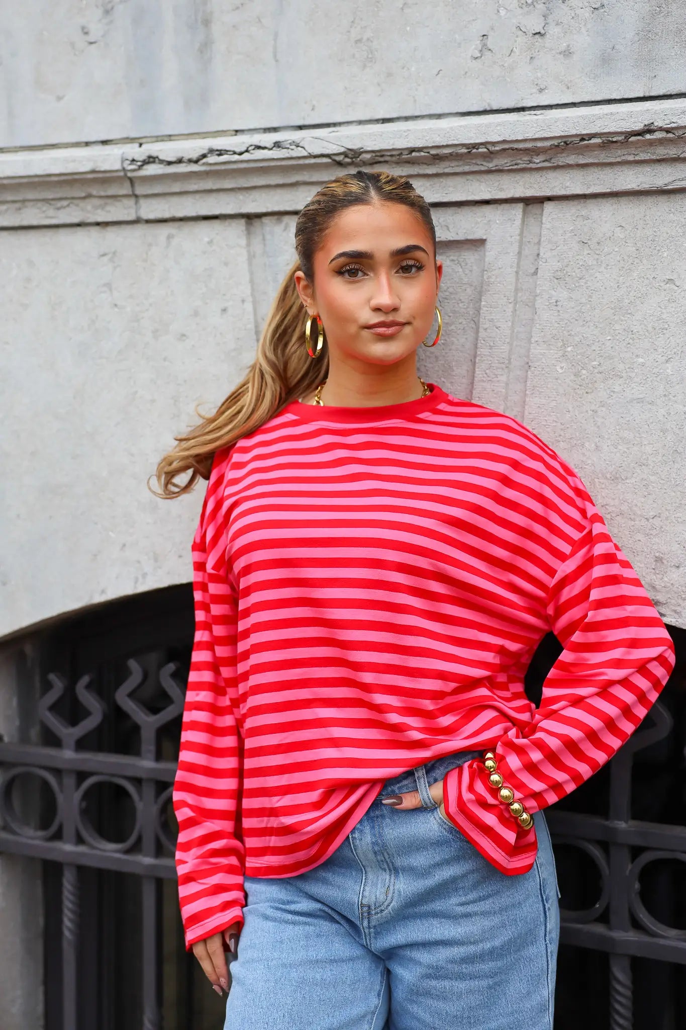 T-Shirt Lange Mouwen Strepen Rood