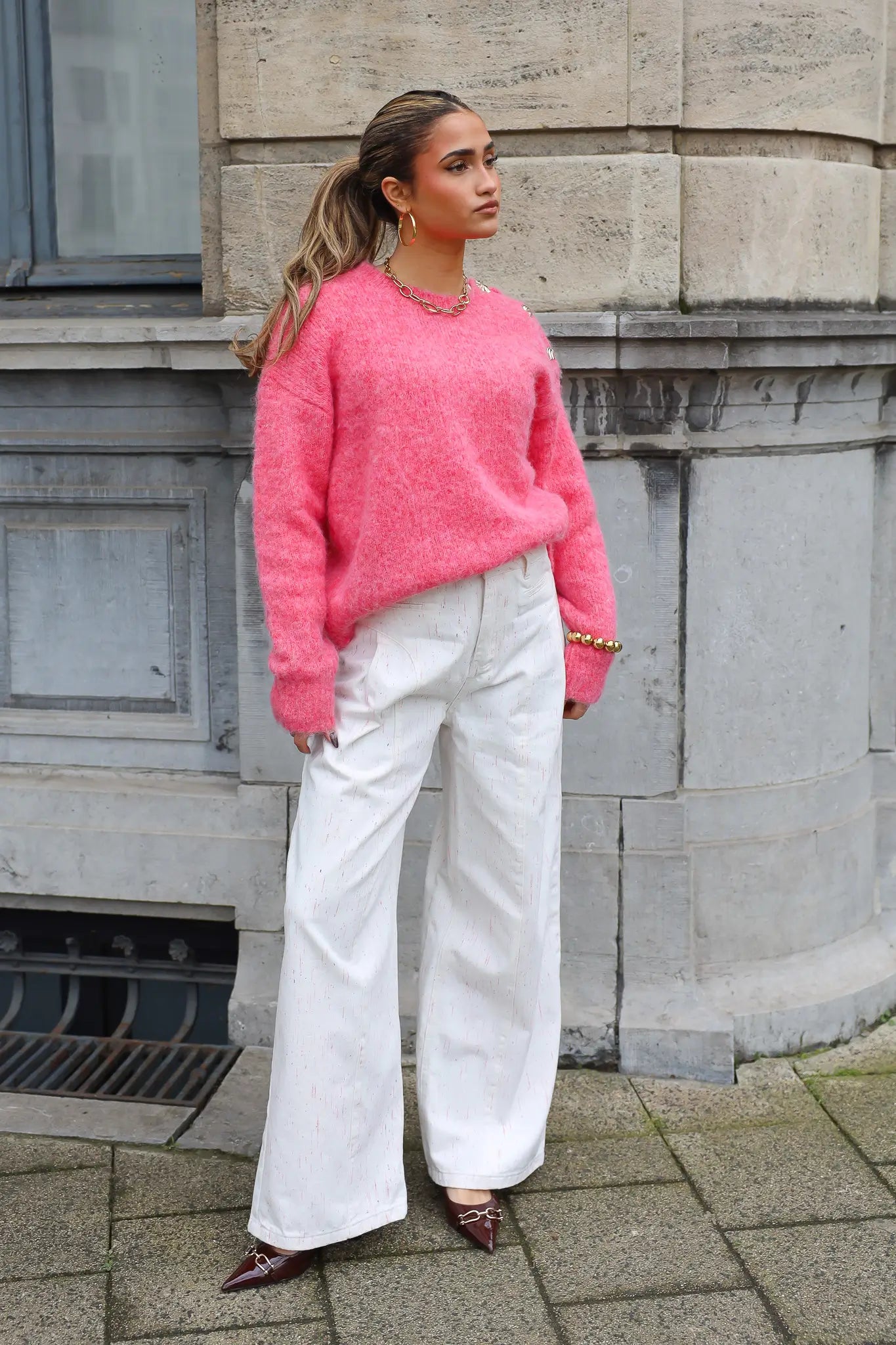 Trui Goud Knoop Schouder Roze