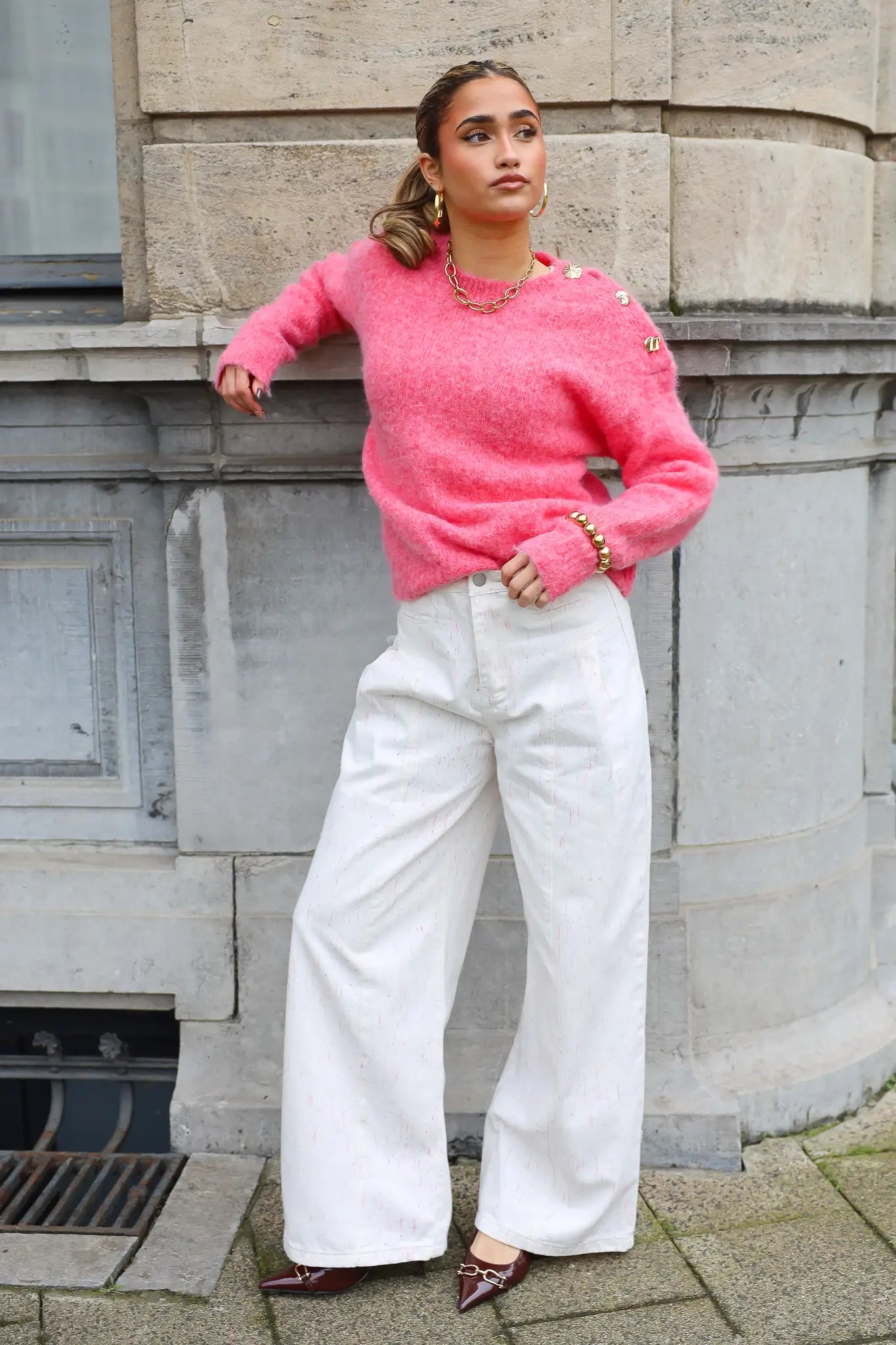 Trui Goud Knoop Schouder Roze