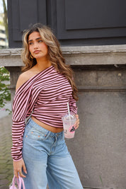 Off Shoulder Shirt Gestreept Roze